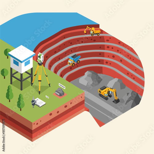 Construction Site Surveying and Excavation with Heavy Machinery.