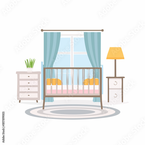 Cozy Nursery Interior with Crib and Soft Furnishings.