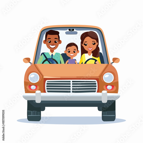 Family Road Trip: Cartoon Illustration of a Family in a Car.
