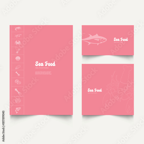 Set of Seafood restaurant menu template with hand drawn shellfish and shrimp illustrations.