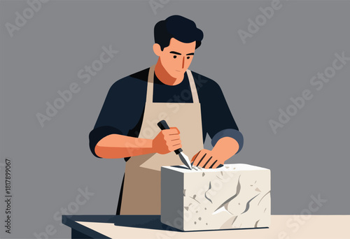 A sculptor wearing an apron meticulously carves a stone block with a chisel and mallet, creative process shown