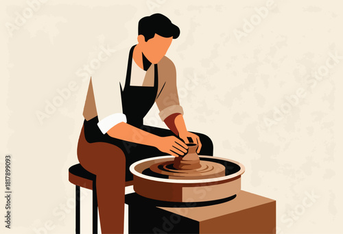 A minimalist illustration shows a potter shaping clay on a wheel with hands, seated in a studio