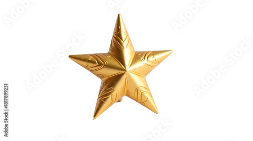 A shiny golden Christmas star decoration with intricate details, placed on a white surface. Isolated on a transparent background.
