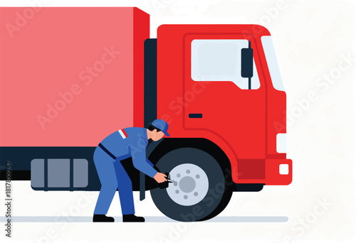 A mechanic in a blue uniform is working on a red truck's tire.  The image is simple and graphic