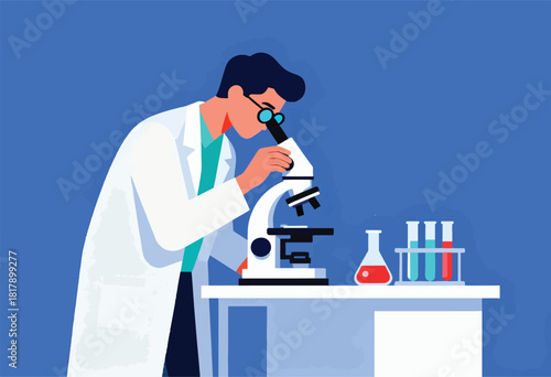 Scientist examines a sample through a microscope, with laboratory glassware on the table. Solid blue background