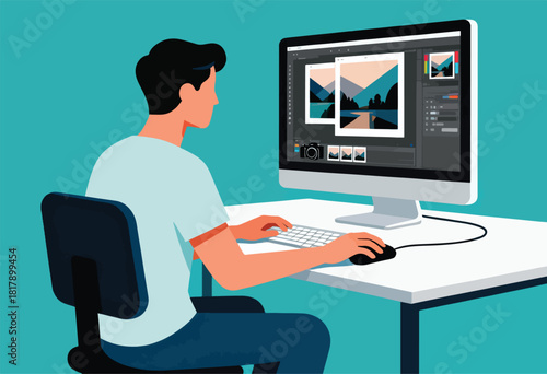 A person uses a computer to edit photos, seated at a desk. The screen displays landscapes