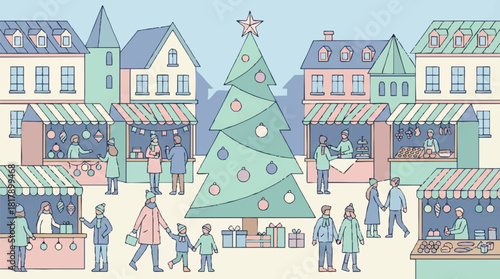 Illustration of a lively German Christmas Market with people shopping and walking around a decorated tree, surrounded by colorful stalls and buildings in a festive atmosphere.