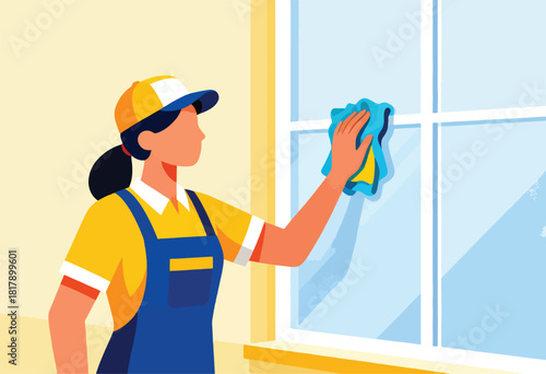 A cartoon cleaner, wearing cap & overalls, wipes a window with a rag.  The clean window is in a yellow room