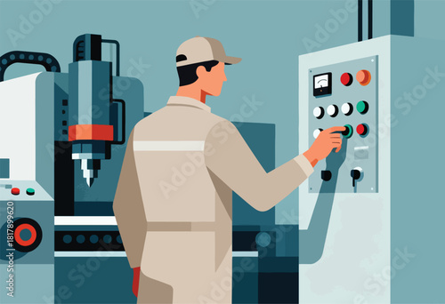 An engineer in tan overalls presses a button on a control panel. Industrial machinery dominates the background
