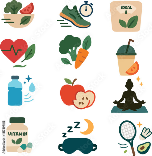 Healthy Lifestyle Icon Set – Fitness, Nutrition, Hydration, Sleep & Wellness