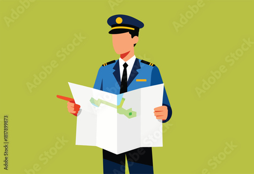 A cartoon officer in a blue uniform and hat, examines a map. He is pointing at a spot with his right hand