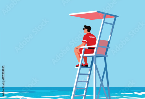 A lifeguard in red uniform and sunglasses sits in his chair, overseeing the blue ocean