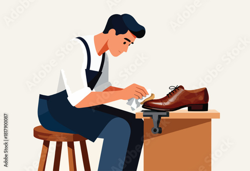 A shoemaker is shown polishing a brown leather shoe, holding brush and cloth, on a small table