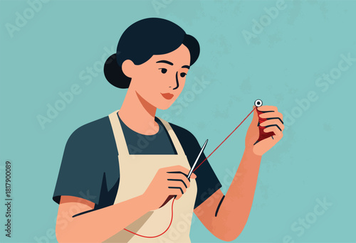 A woman wearing an apron holds a needle and red thread as she focuses on sewing an eye onto fabric