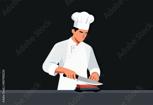 A chef sharpens a knife on a whetstone, wearing a white uniform and toque. Dark background