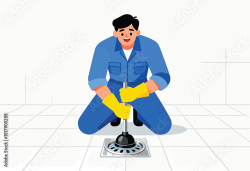 An illustrated plumber kneels to use a plunger on a drain, in blue coveralls and yellow gloves, in a clean, tiled space
