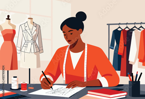 An illustration shows a designer, drafting sketches, surrounded by mannequins & garments. Hanger with clothes