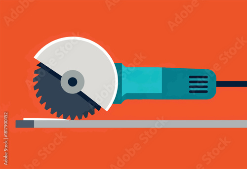 Vector graphic of a circular saw cutting a flat surface. Bright orange background, minimalist aesthetic