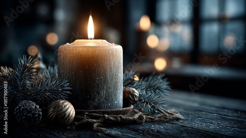 Photorealistic candle flame in a dark winter room with evergreen sprigs and yule ornaments, warm glow and cozy natural textures creating a serene festive atmosphere