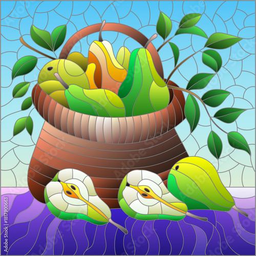 An illustration in the style of a stained glass window with a still life, a basket with pears on a table on a blue background