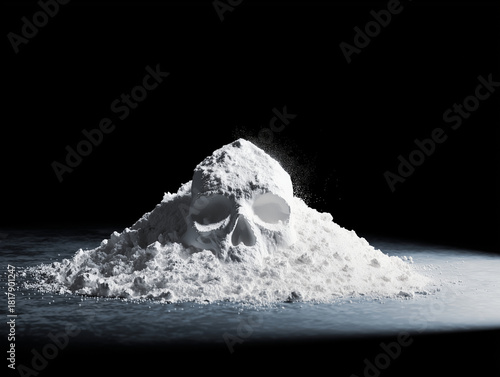 striking minimalist anti drug poster featuring skull emerging from pile of white powder, symbolizing dangers of substance abuse. dark background enhances dramatic effect