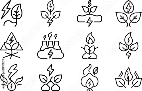 Green Energy and Nature Icons with Leaves and Lightning Bolts illustration backg