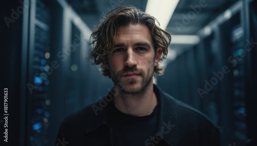 A young man with wavy hair and a beard standing in a modern data center with server racks and blue lighting creating a professional and technological atmosphere