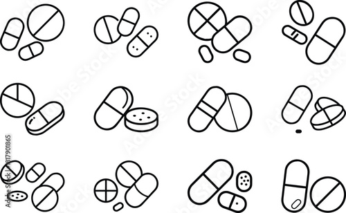 Pill and Capsule Icons Set Medical Pharmaceutical Drugs Line Art illustration 55.eps