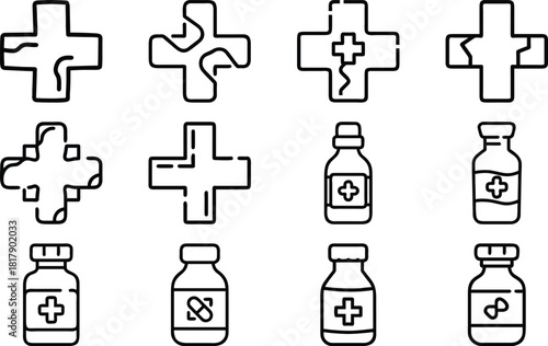 Medical Cross and Pill Bottle Icons illustration symbol
