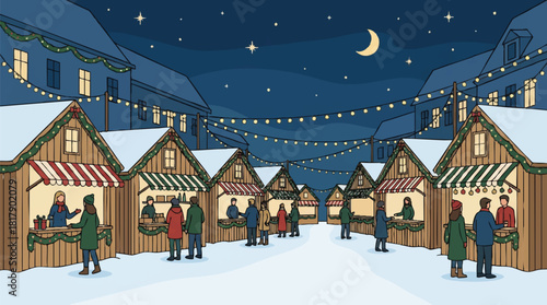 Illustration of a festive German Christmas Market at night with people shopping and socializing in a snowy village setting with wooden stalls and colorful lights.