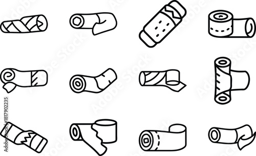 Medical Bandage Rolls Icons with Black Outline on White Background illustration
