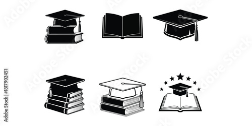 Collection of graduation caps and books icons isolated on