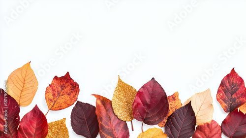 Autumn Leaves Scattered on a White Background with Copy Space
