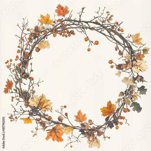 Autumn Wreath Decorative Border with Fall Leaves and Berries