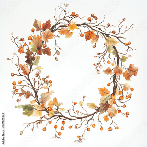 Autumn Wreath with Orange Berries and Brown Leaves Watercolor Illustration