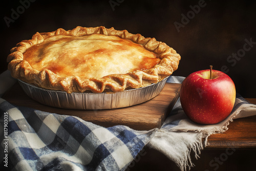 Delicious Homemade Apple Pie with a Fresh Red Apple on a Wooden Board