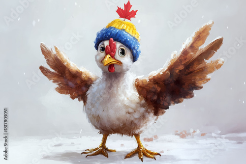 Cute Chicken Wearing a Winter Hat with a Maple Leaf in the Snow