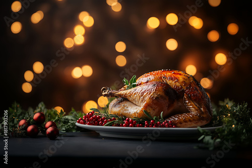 Gourmet Roasted Turkey with Cranberries and Rosemary Festive Holiday Centerpiece