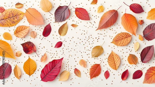 Scattered Autumn Leaves and Golden Confetti on a Clean White Background