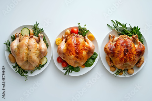 Three Roasted Chickens Arranged on White Plates with Fresh Garnish and Vegetables