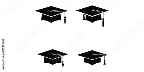 Four black graduation caps with tassels, isolated on white