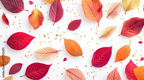Vibrant Autumn Leaves with Gold Glitter Accents on White Background