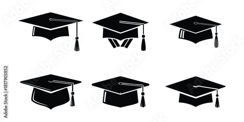 Six black graduation caps with tassels, isolated on white
