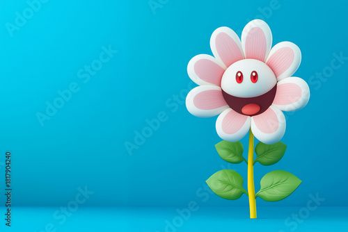 Smiling cartoon flower 3D render, cheerful character, blue background