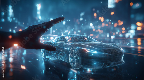 Digital Car Design, Futuristic Wireframe Vehicle, Hand Interacting with Hologram