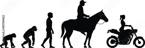 Silhouette, evolution, transportation, mobility, primate, hominid, human, horse, motorcycle, progress, posture, movement, travel, history, abstract, minimal, black, white, concept, advancement