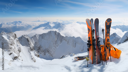 Ski in winter season, mountains and ski touring backcountry equipments on the top of snowy mountains in sunny day.