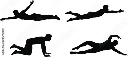 Silhouette, exercise, stretch, fitness, posture, motion, body, physical, training, therapy, workout, prone, crawl, side, abstract, minimal, black, white, health, activity