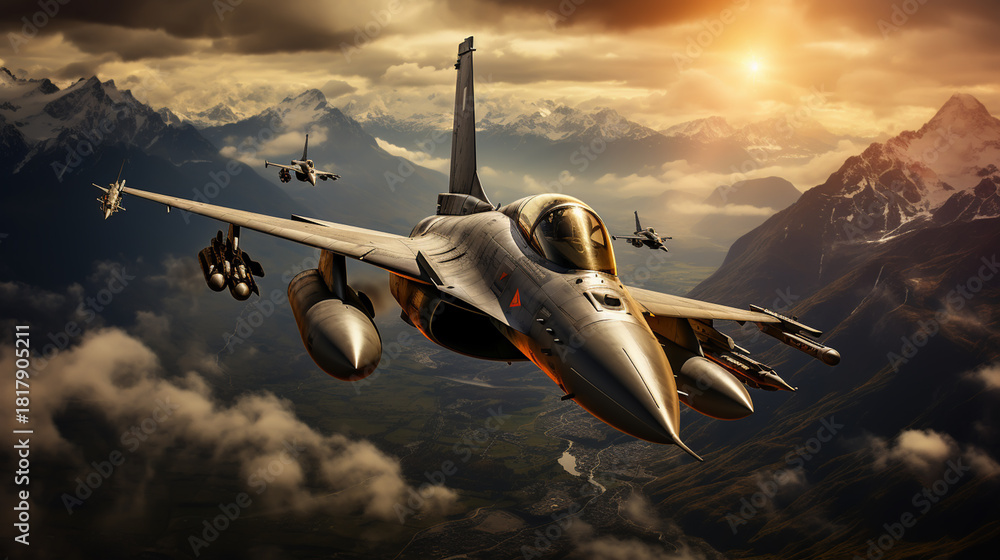 Fototapeta premium A jet fighter war air force airplane armed with missiles flying really low over the ocean water