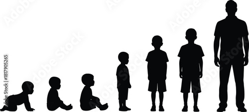Silhouette, human, growth, development, stages, age, baby, toddler, child, adult, progression, evolution, life, biology, psychology, education, concept, abstract, minimal, design